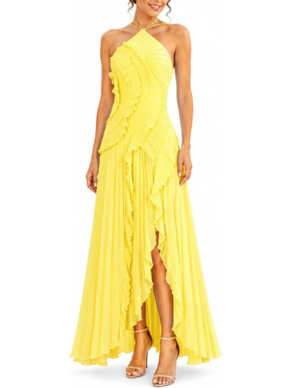 Chic Halter Neck Ruffled Pleated Maxi Dress - Sleeveless Chiffon Evening Gown